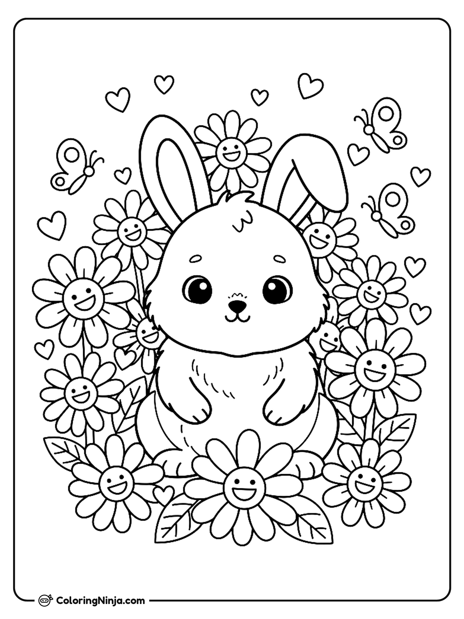 Baby Bunny In A Flower Garden Coloring Page