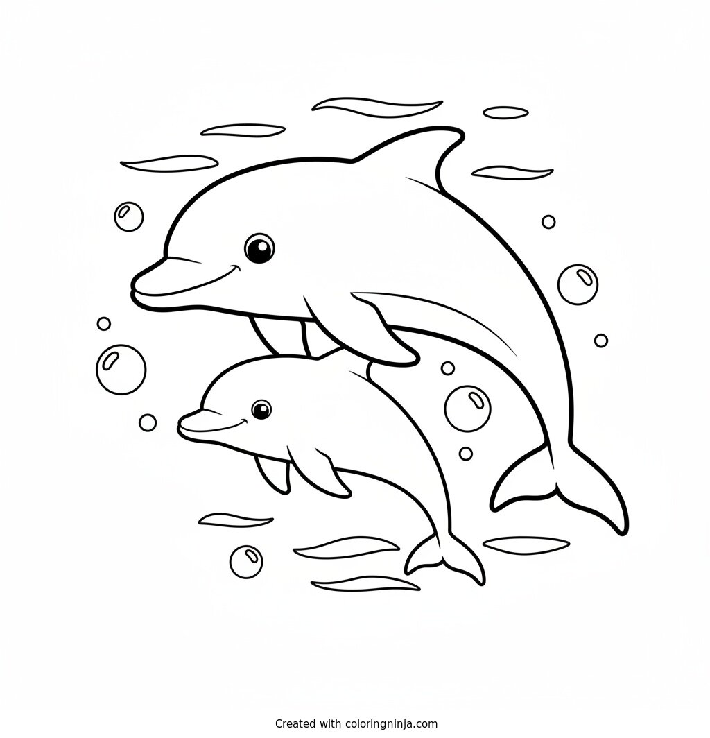 Baby Dolphin and Mother Swimming Coloring Page