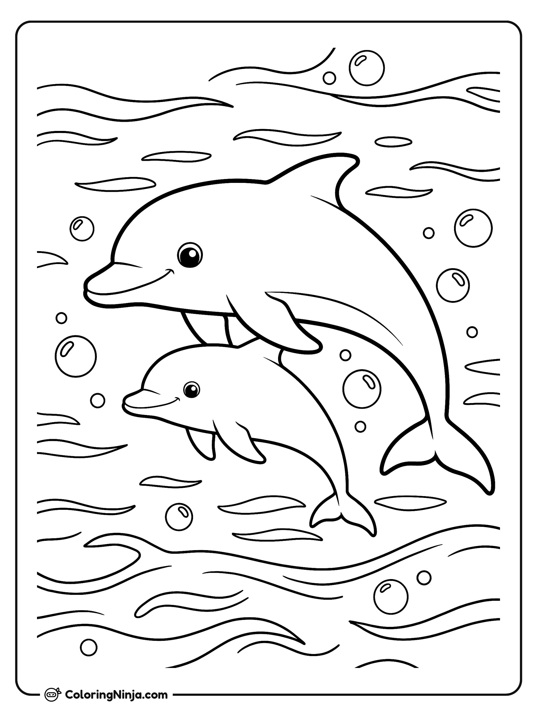 Bebé delfín y su mamá nadando: dibujo para colorear