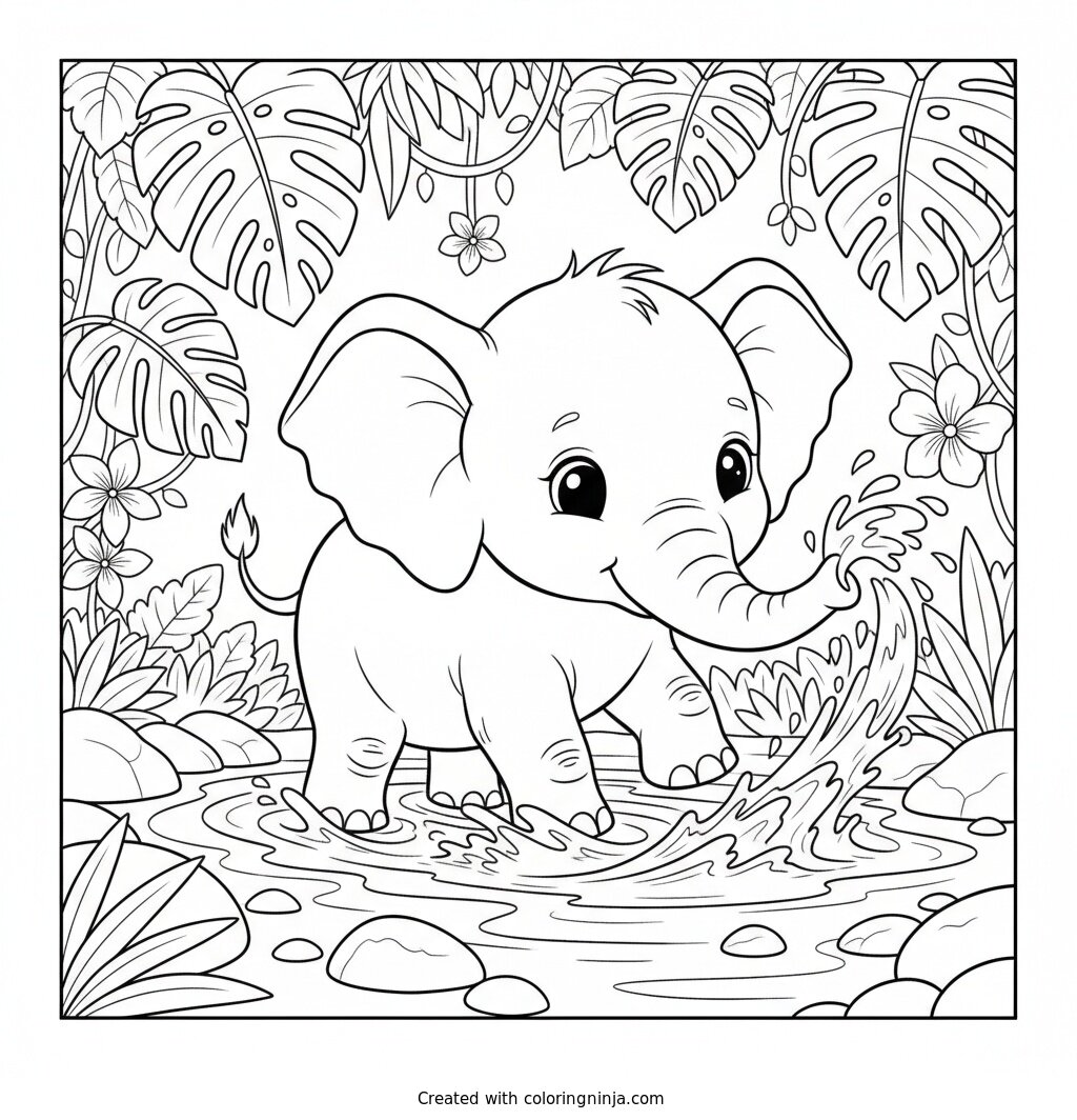 Baby Elephant River Splash Coloring Page