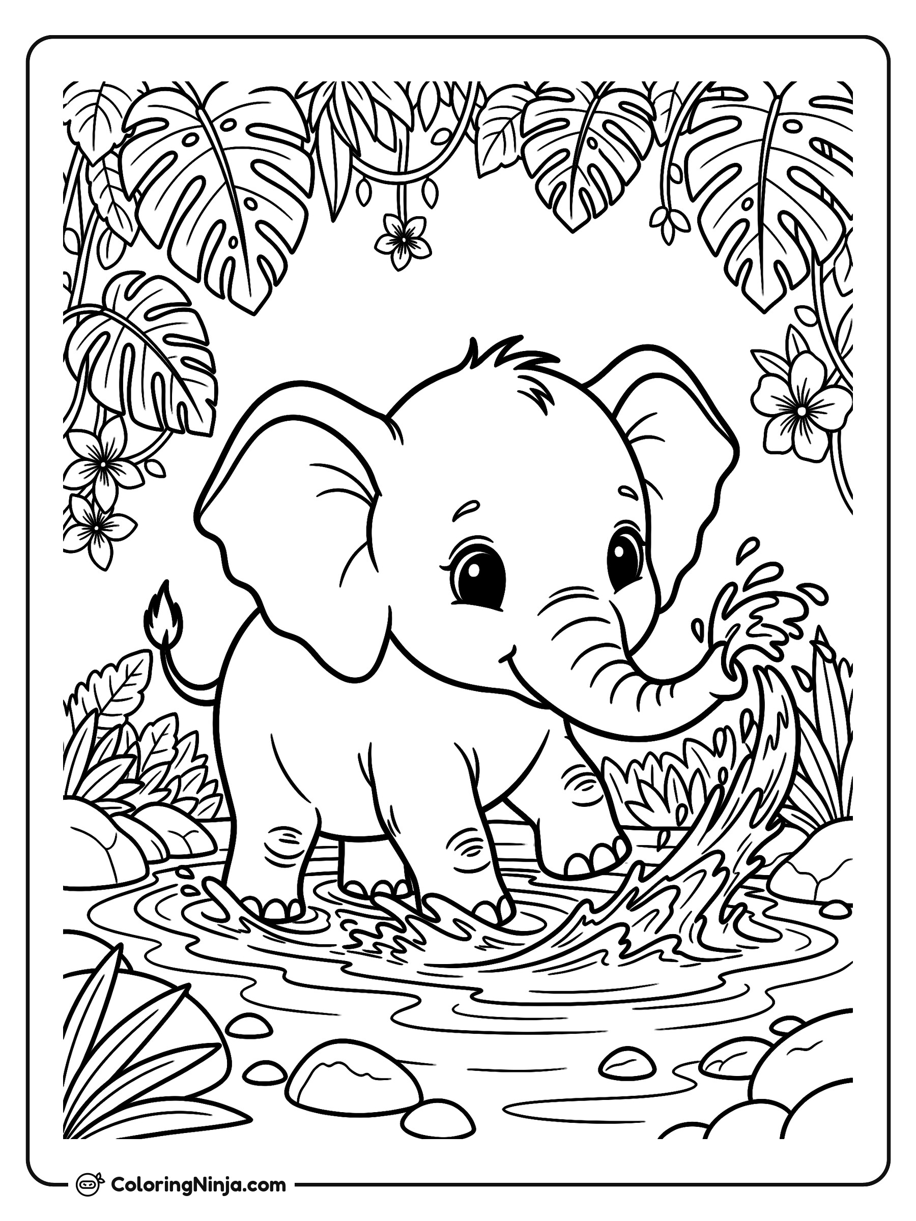 Bebé elefante jugando en el río: dibujo para colorear