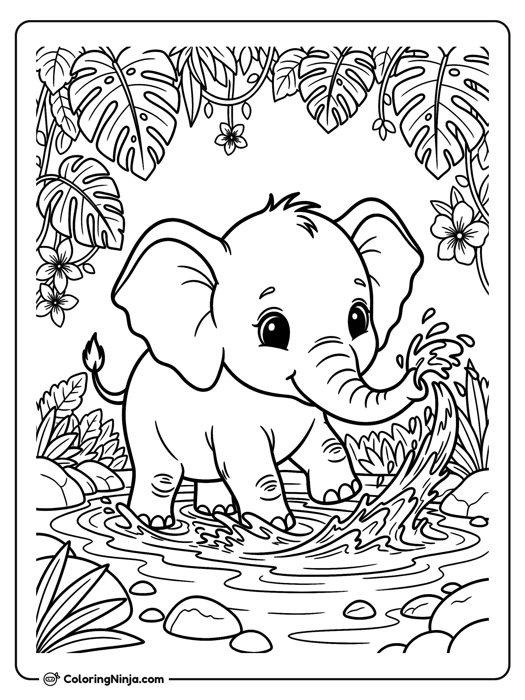 Bebé elefante jugando en el río, dibujo para colorear: Un alegre bebé elefante se divierte en un río poco profundo mientras lanza agua con su trompa. La escena está rodeada de hojas tropicales de selva, pequeñas flores y piedras de río.