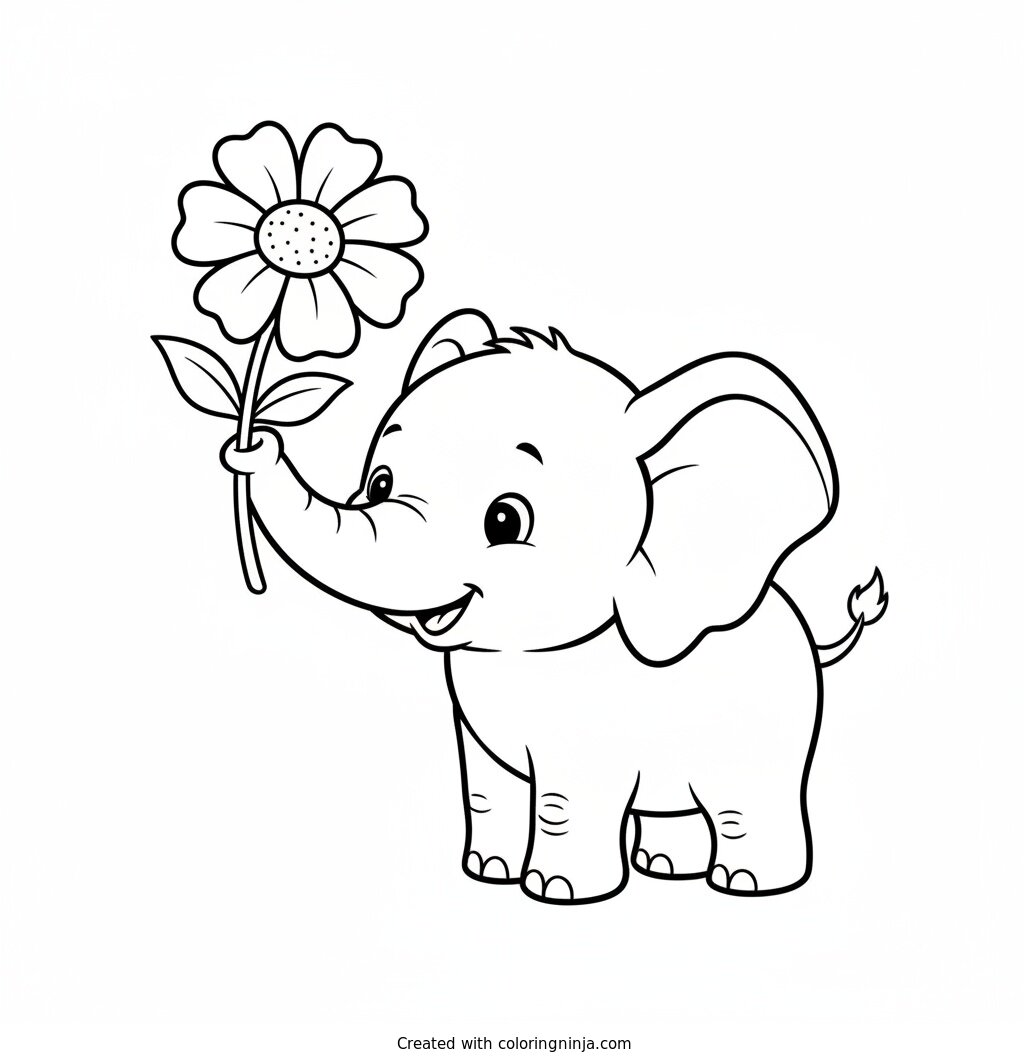 Cute Baby Elephant Holding A Flower Coloring Page