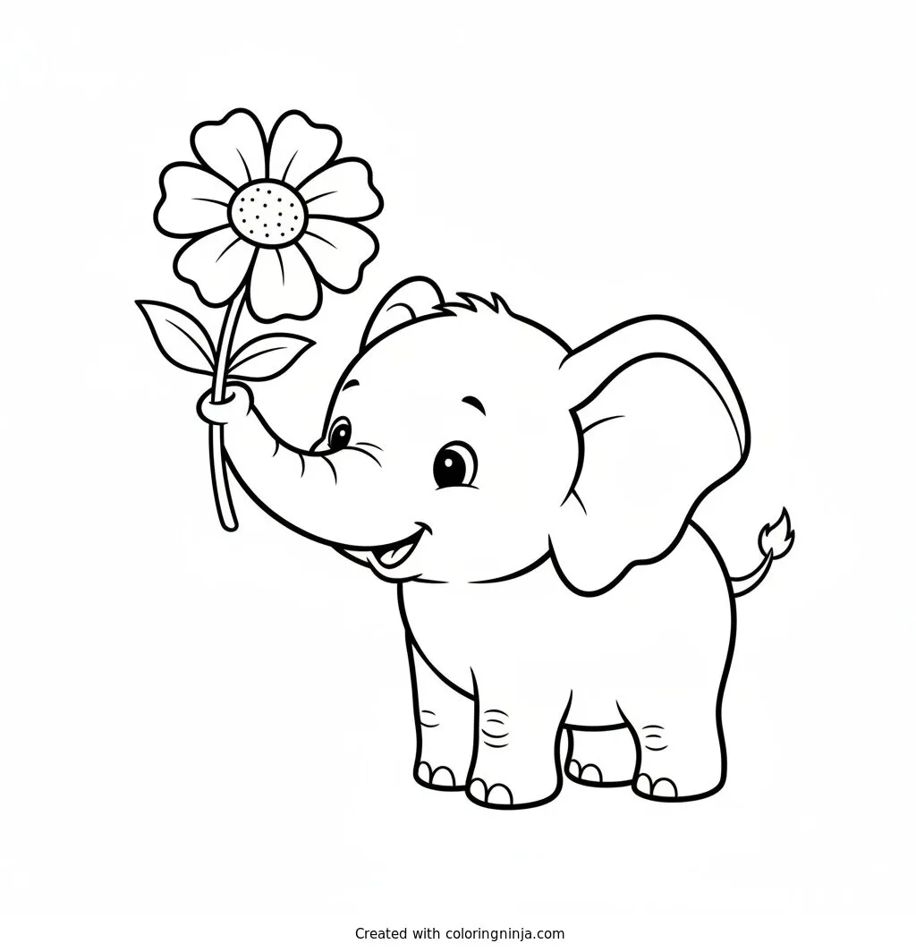 Cute Baby Elephant Holding A Flower Coloring Page: This page features a cute baby elephant holding a flower with its trunk. The small elephant stands alone in a simple setting with its stem held gently in the air.