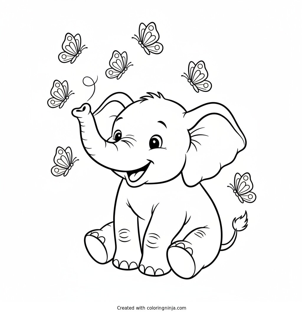 Baby Elephant Playing With Butterflies Coloring Page