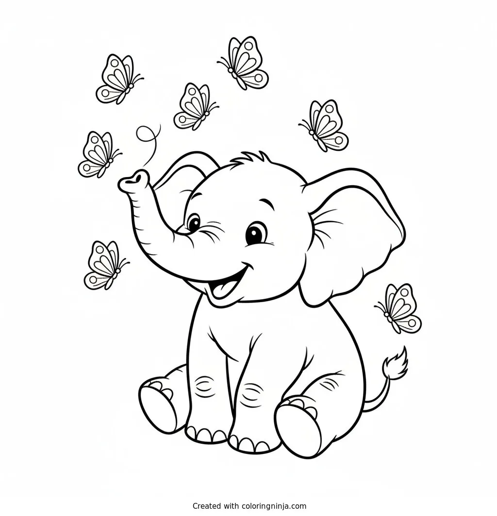 Baby Elephant Playing With Butterflies Coloring Page: A cute baby elephant is playing with butterflies in this scene. The little elephant enjoys spending time outdoors surrounded by fluttering insects.