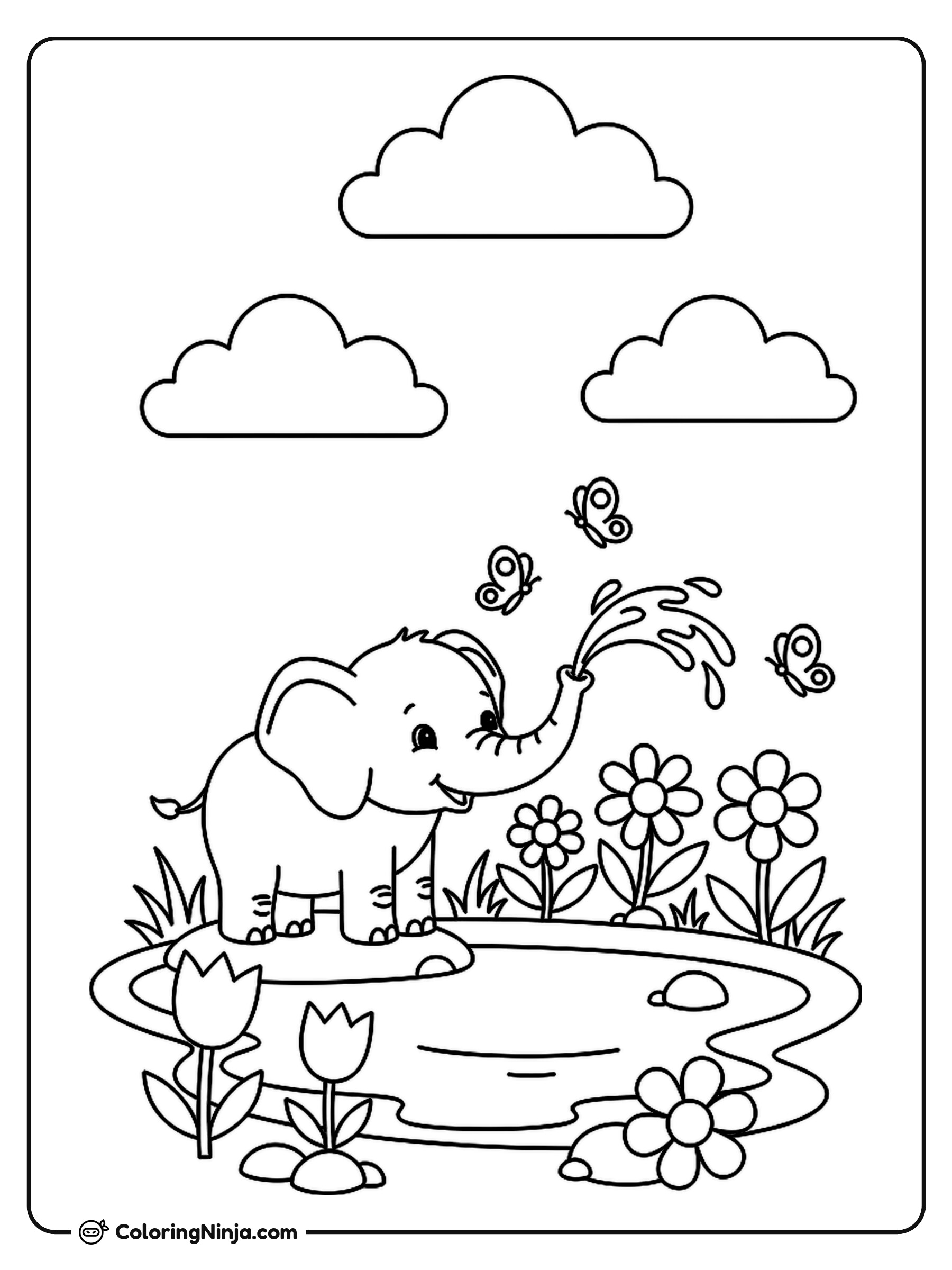 Baby Elephant Spraying Water Coloring Page