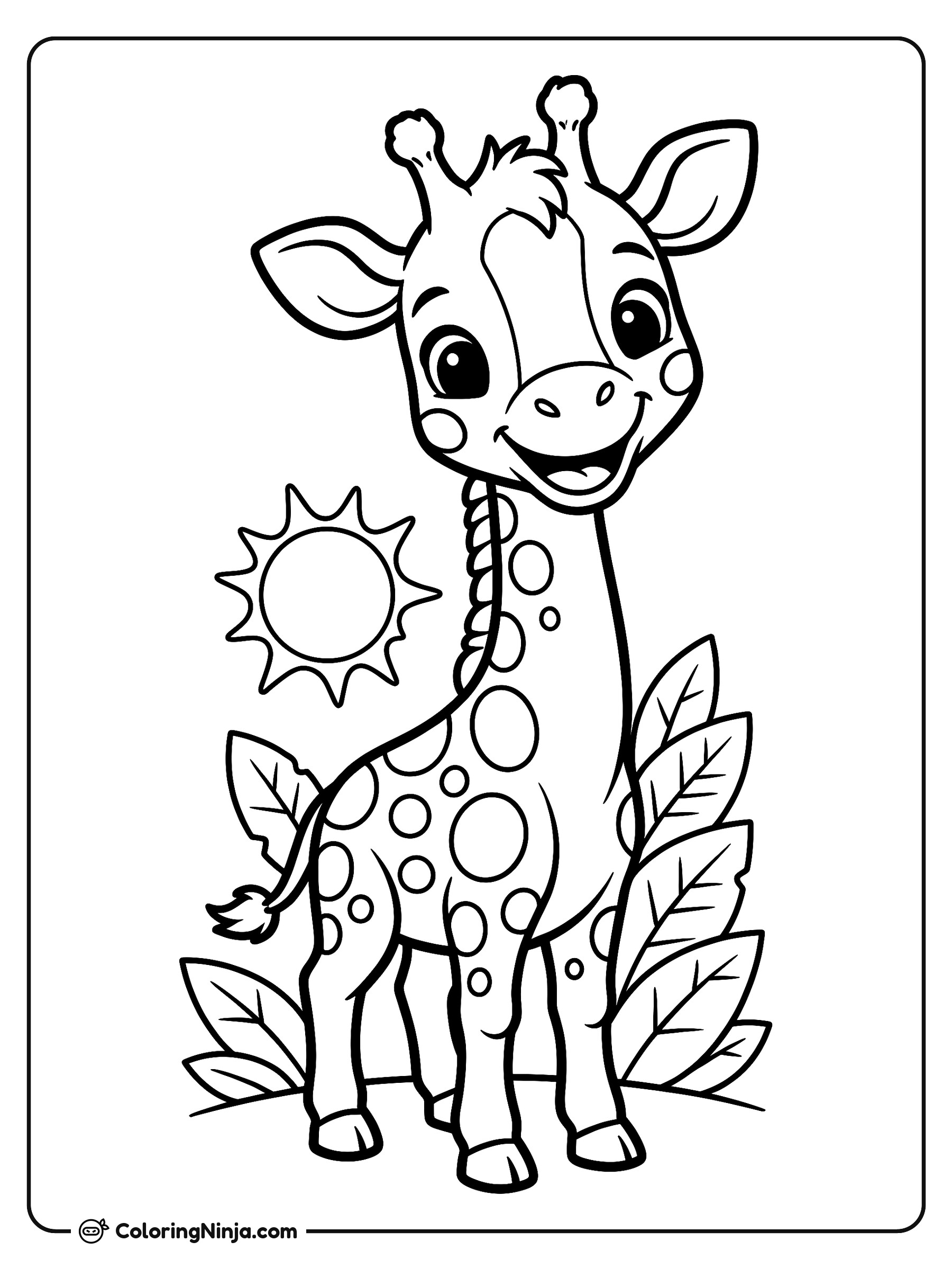 Bebé jirafa feliz al aire libre: dibujo para colorear
