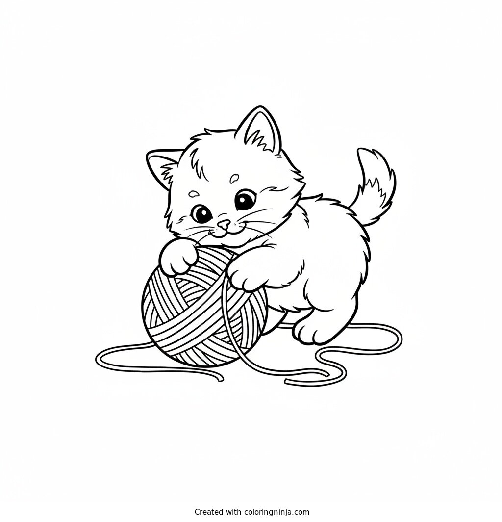 A Cute Baby Kitten Playing Coloring Page