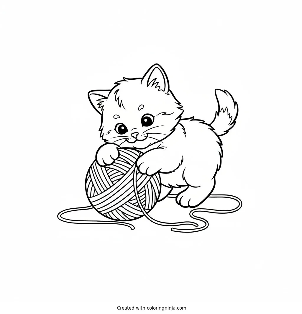 A Cute Baby Kitten Playing Coloring Page: This page features a cute baby kitten playfully interacting with a soft ball of yarn. The scene focuses entirely on the cheerful young cat having fun with its toy.
