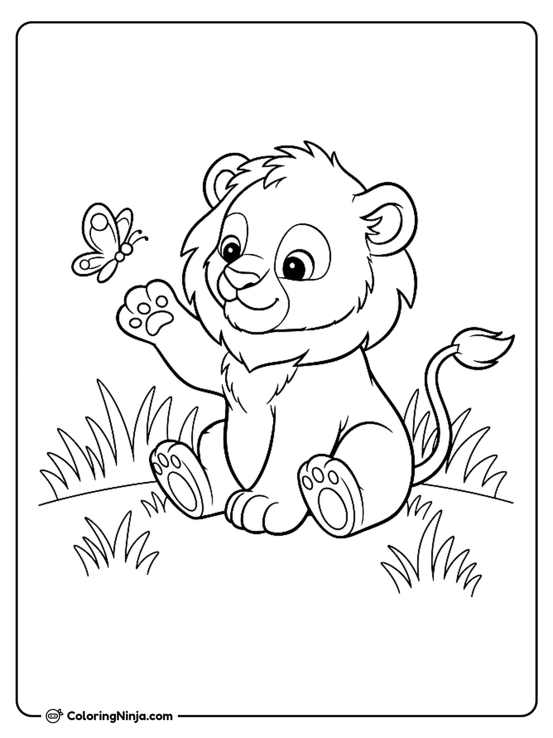 Baby Lion Playing With Butterfly Coloring Page