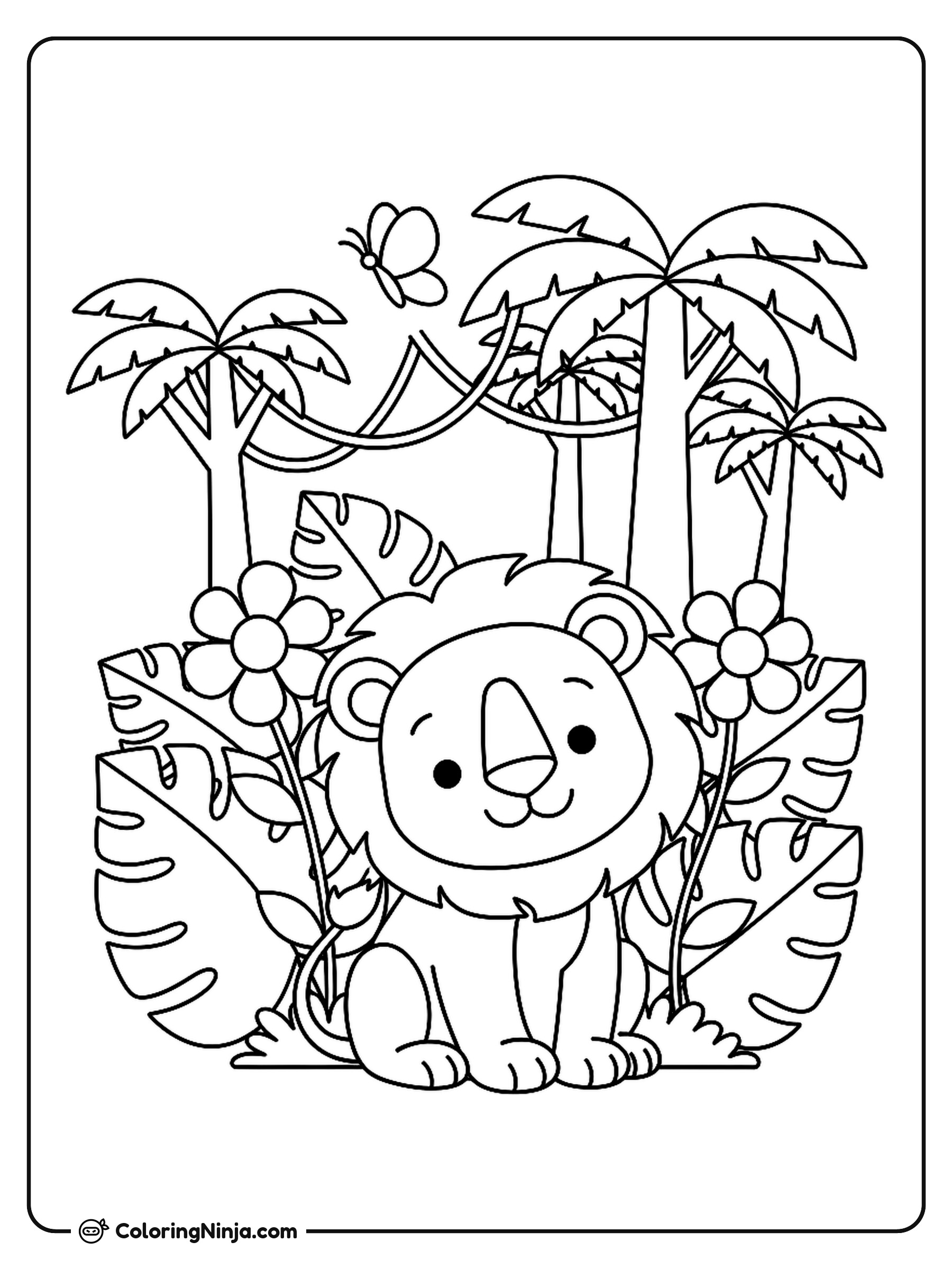 Cute Baby Lion in the Jungle Coloring Page