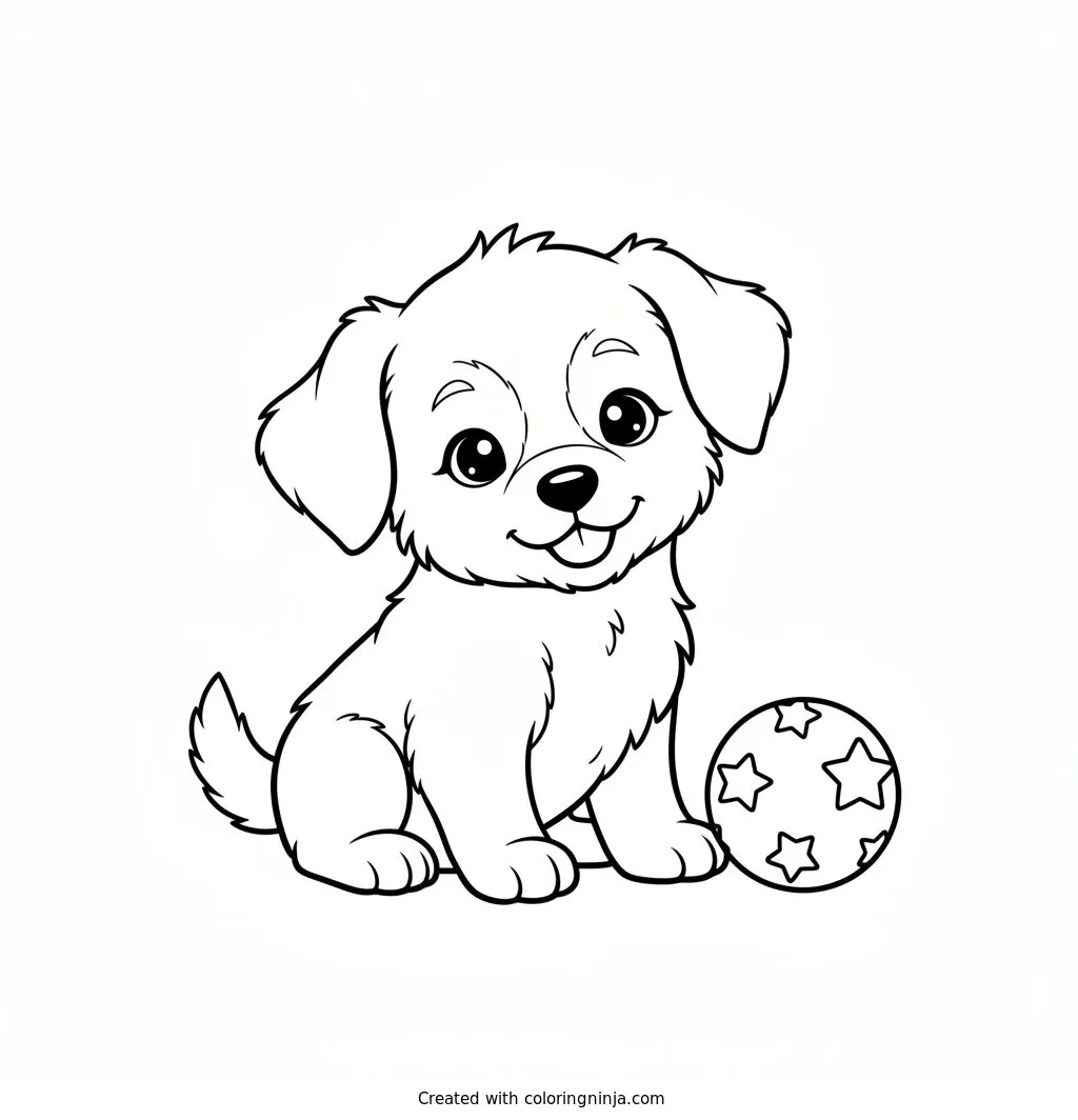 A Cute Baby Puppy Coloring Page: This page shows a cute baby puppy sitting calmly. Beside the puppy rests a small ball, ready for playtime. The scene features the young dog and its toy resting together in a simple setting.