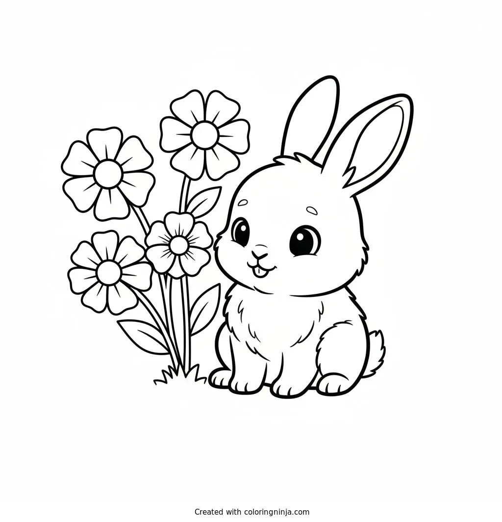A Cute Baby Rabbit Coloring Page: This page shows a cute baby rabbit sitting peacefully on the ground. Three flowers bloom right beside the little bunny. The scene features simple shapes with large areas to fill in.