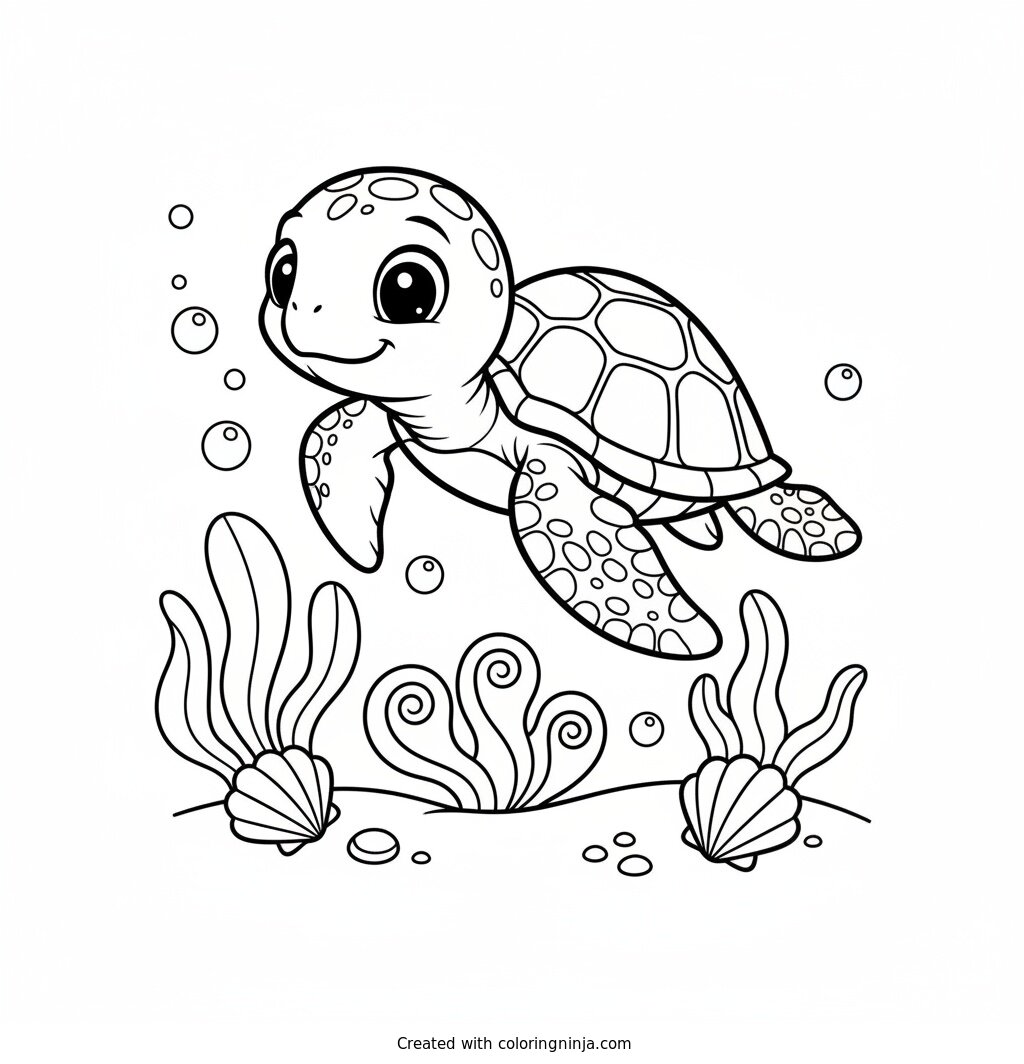 Cute Baby Sea Turtle Swimming Coloring Page