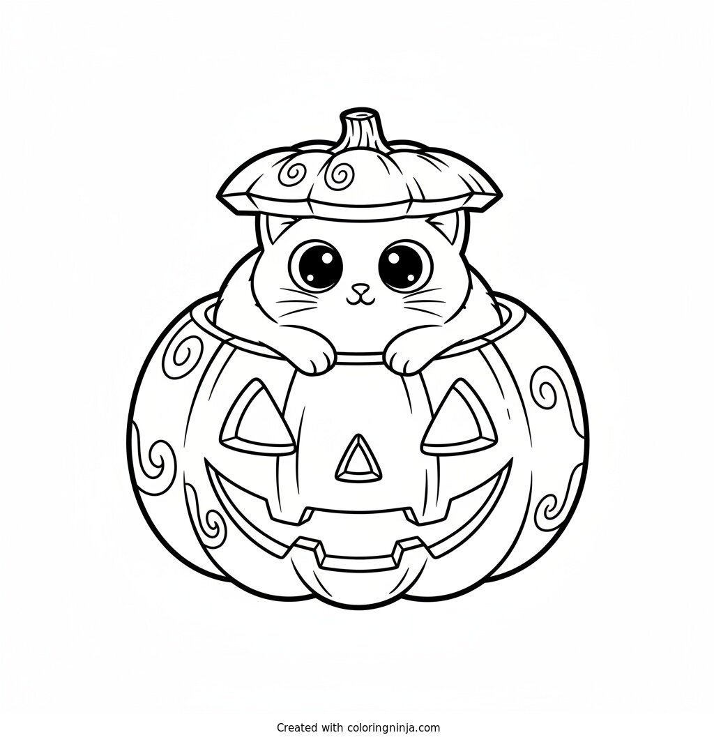 Peekaboo Cat in a Pumpkin Coloring Page