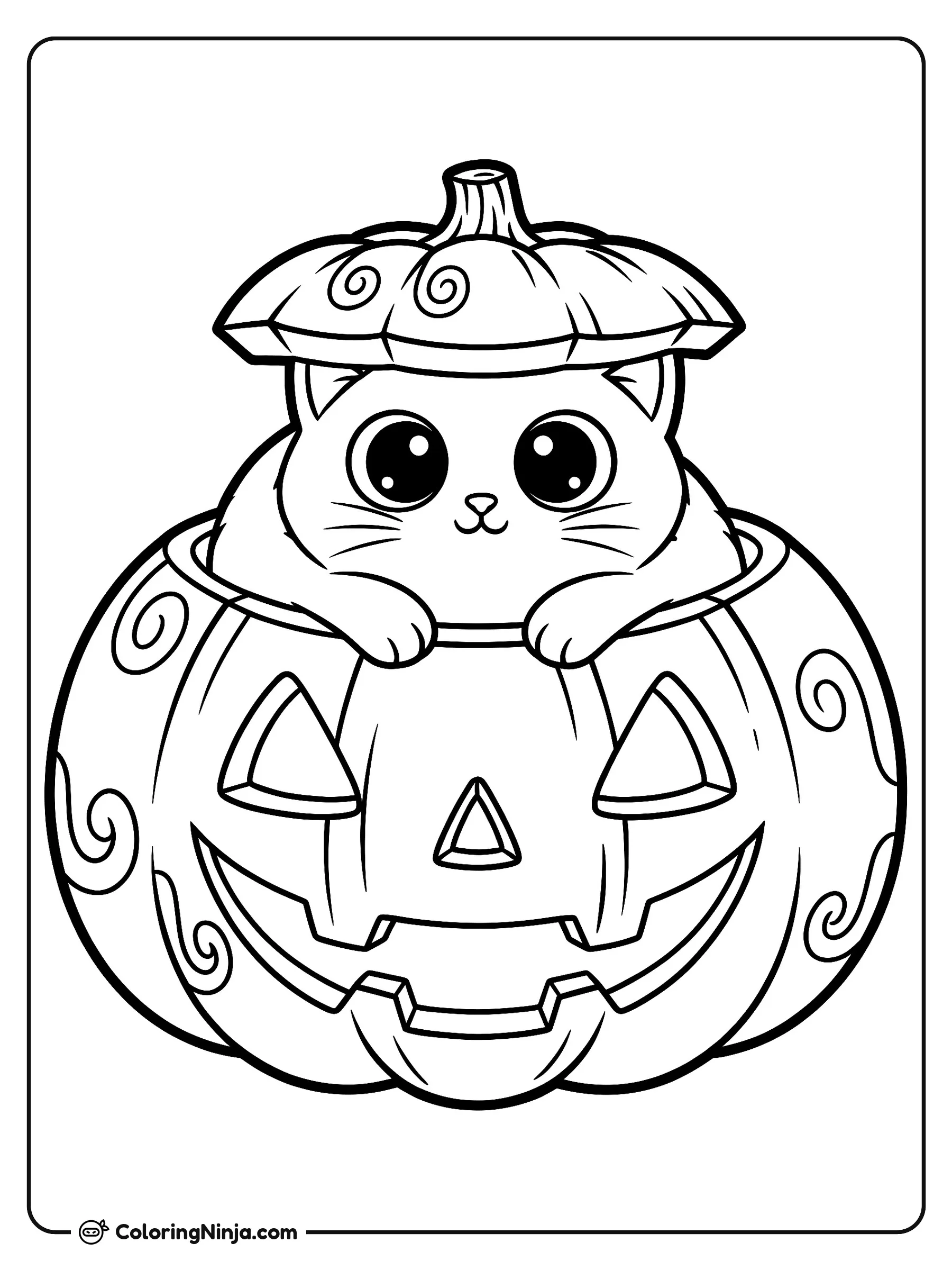 Gato curioso dentro de una calabaza, dibujo para colorear: Un tierno gatito se asoma desde el interior de una gran calabaza decorada con espirales, usando la tapa como si fuera un sombrerito.