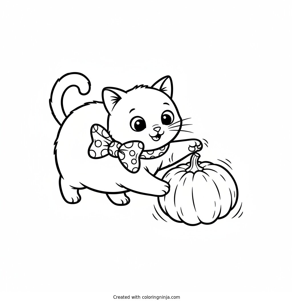 Playful Cat and Pumpkin Coloring Page