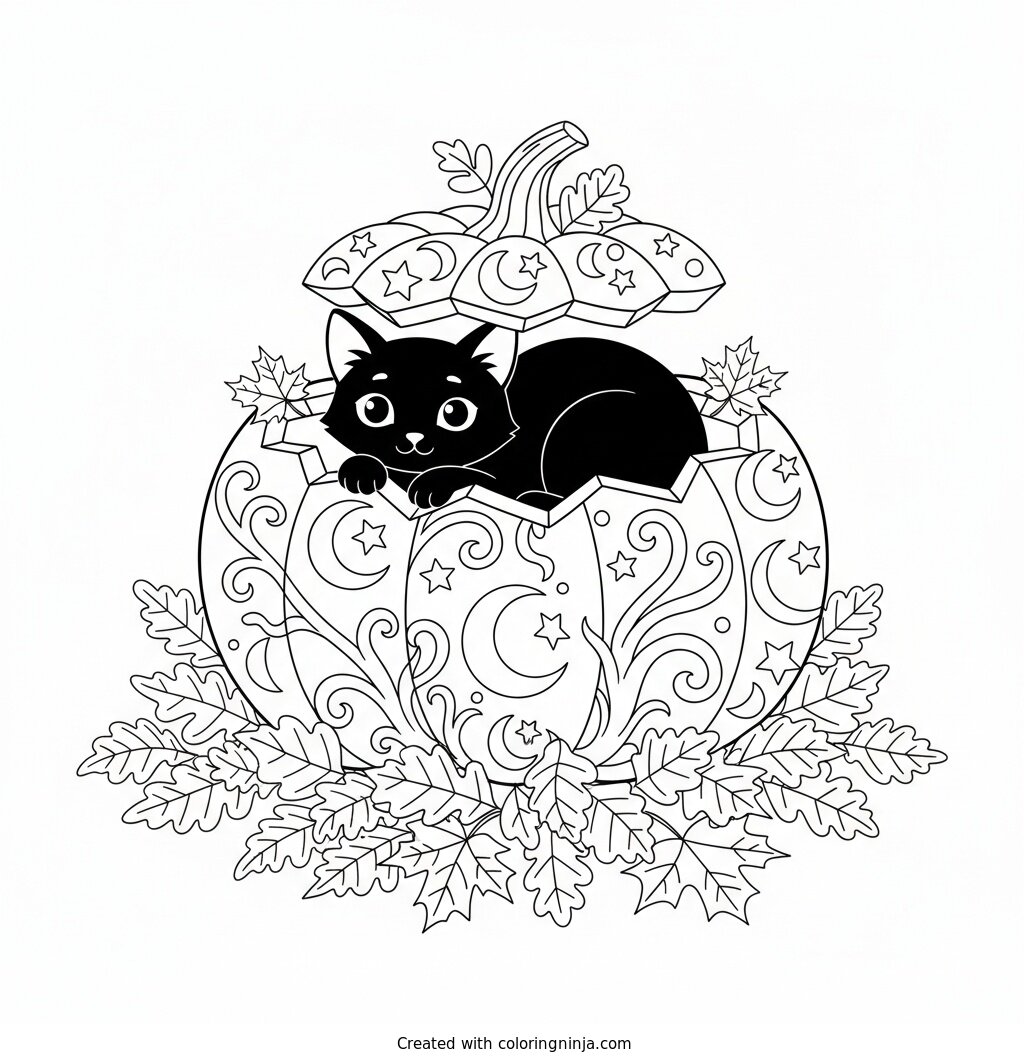 Black Cat in a Jack-o'-Lantern Coloring Page