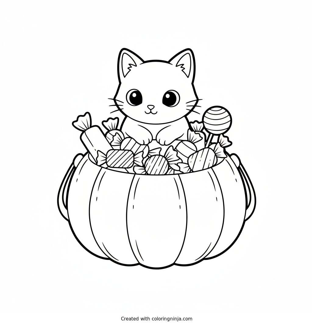 Curious Cat Candy Bucket Coloring Page