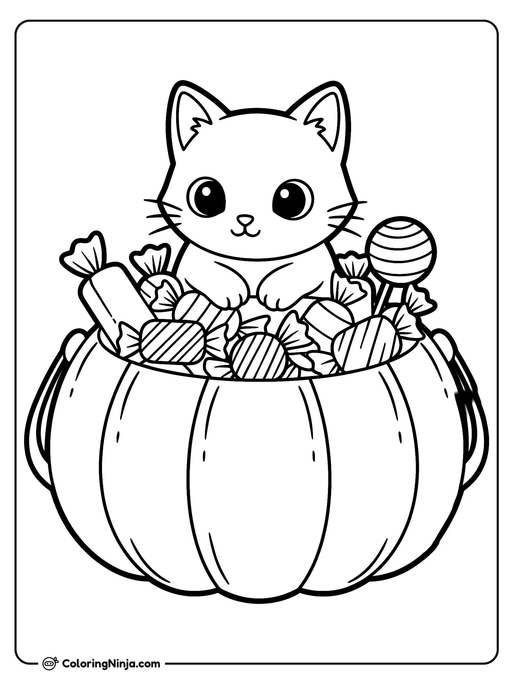 Gatito curioso en cubeta de dulces, dibujo para colorear: Un curioso gatito descansa alegremente dentro de una cubeta con forma de calabaza llena de golosinas.
