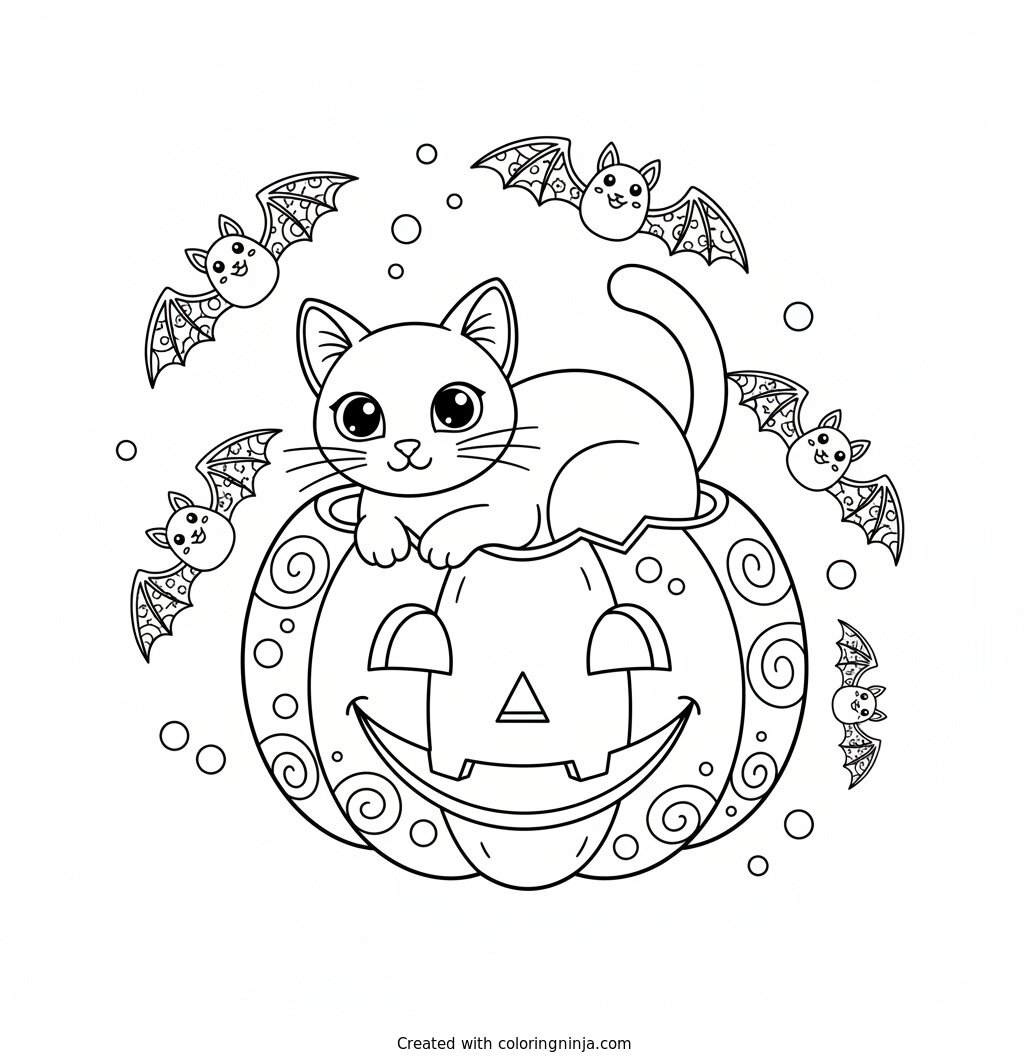 Black Cat in a Pumpkin Coloring Page