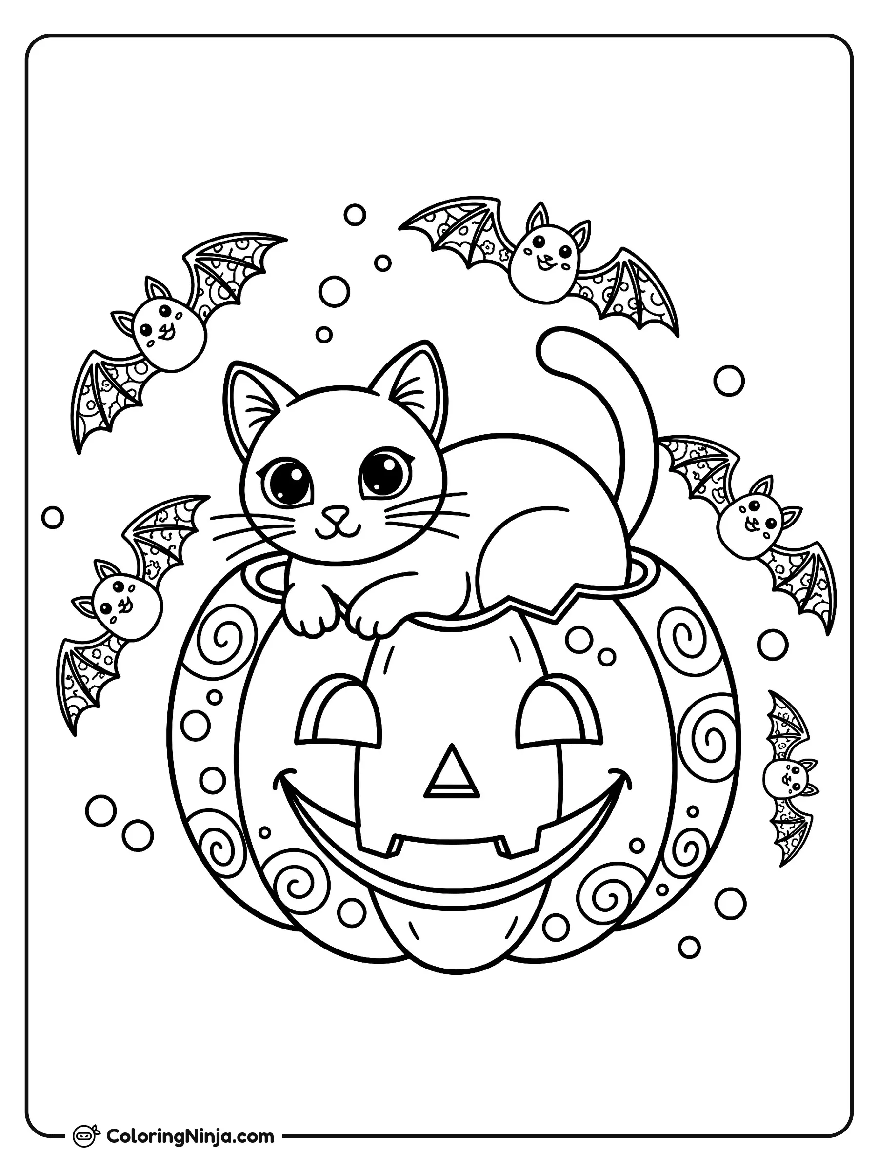 Gato negro en calabaza con murciélagos, dibujo para colorear: Un tierno gato negro se acomoda dentro de una calabaza decorada con espirales y detalles encantadores. A su alrededor revolotean varios murciélagos alegres entre pequeñas burbujas flotantes.