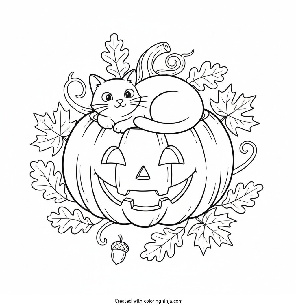 A Cozy Pumpkin Kitty Coloring Page