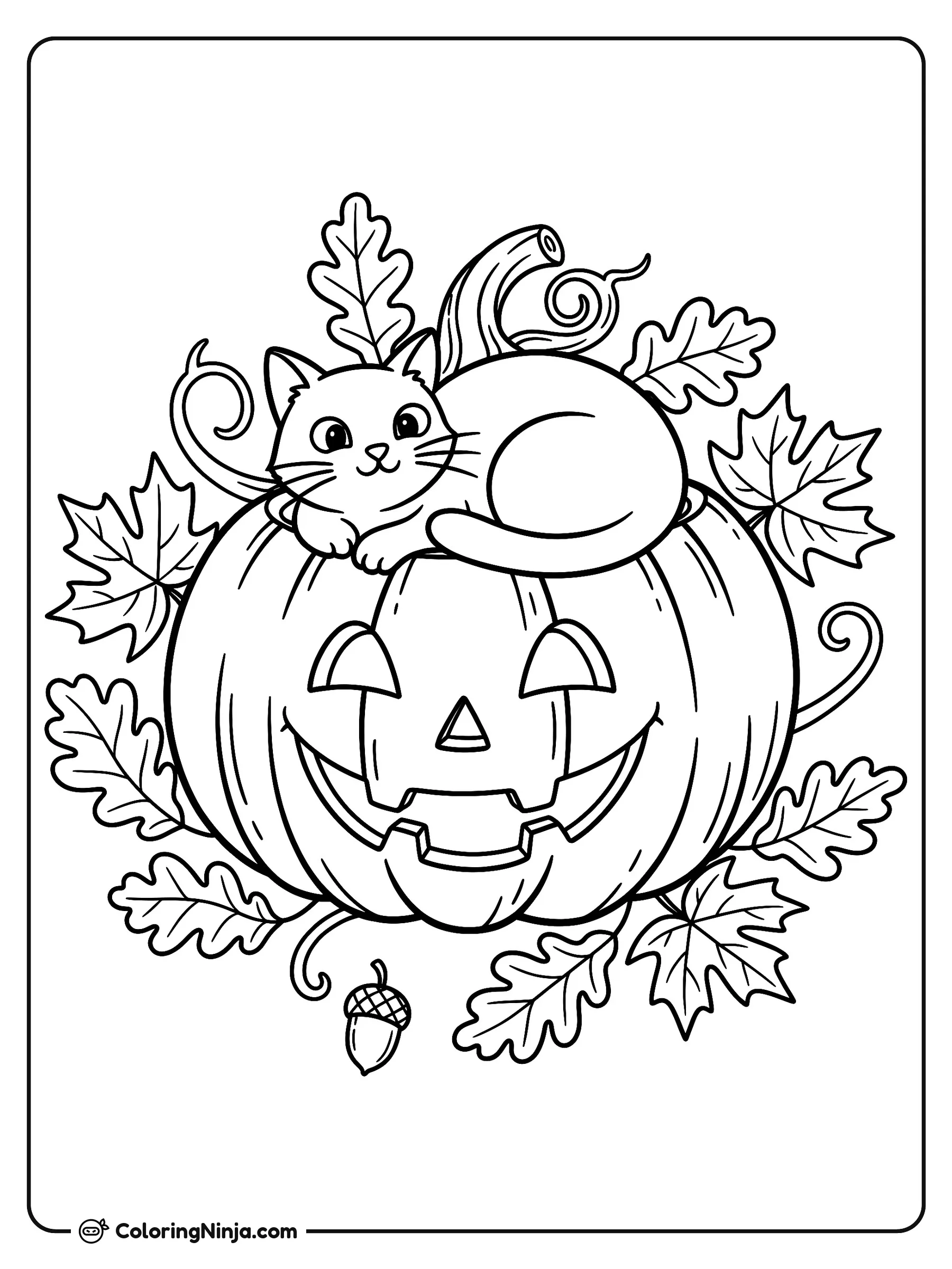 Un gatito acogedor sobre una calabaza, dibujo para colorear: Un lindo gatito descansa cómodamente sobre una gran calabaza tallada de Halloween. Hojas de otoño y una pequeña bellota enmarcan esta cálida escena otoñal.