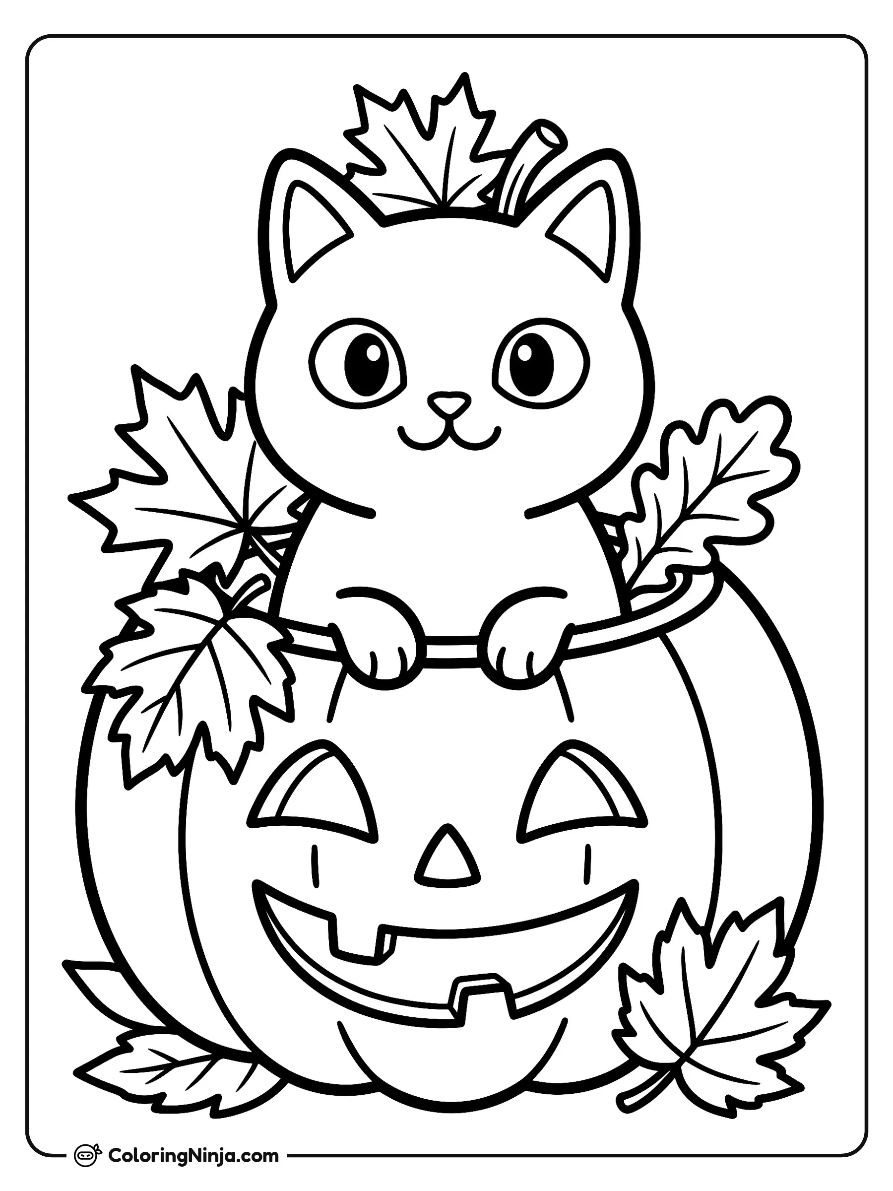 Gato curioso en una calabaza, dibujo para colorear: Un pequeño gato sonriente asoma la cabeza desde el interior de una gran calabaza tallada, rodeado de hojas secas de otoño.