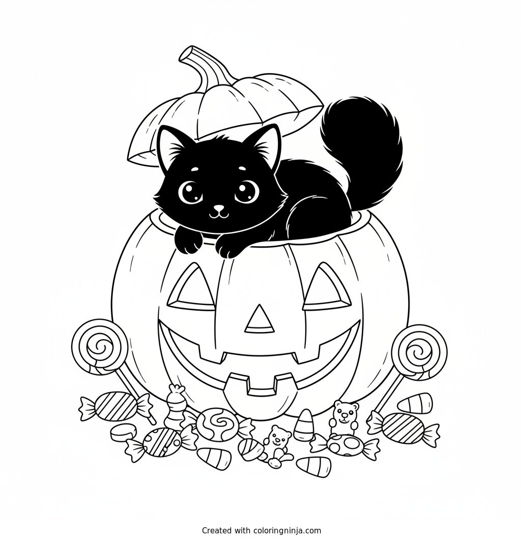 Black Cat in a Pumpkin Coloring Page