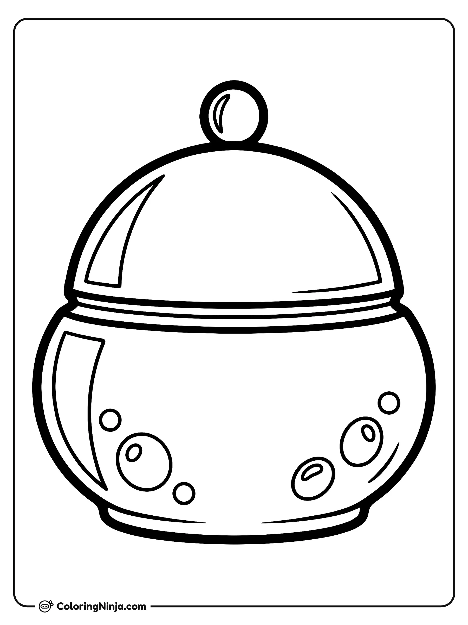 Lindo frasco de crema con tapa, dibujo para colorear: Un tierno frasco de crema en forma de burbuja destaca en el centro con su tapa redondeada y una pequeña esfera en la parte superior.