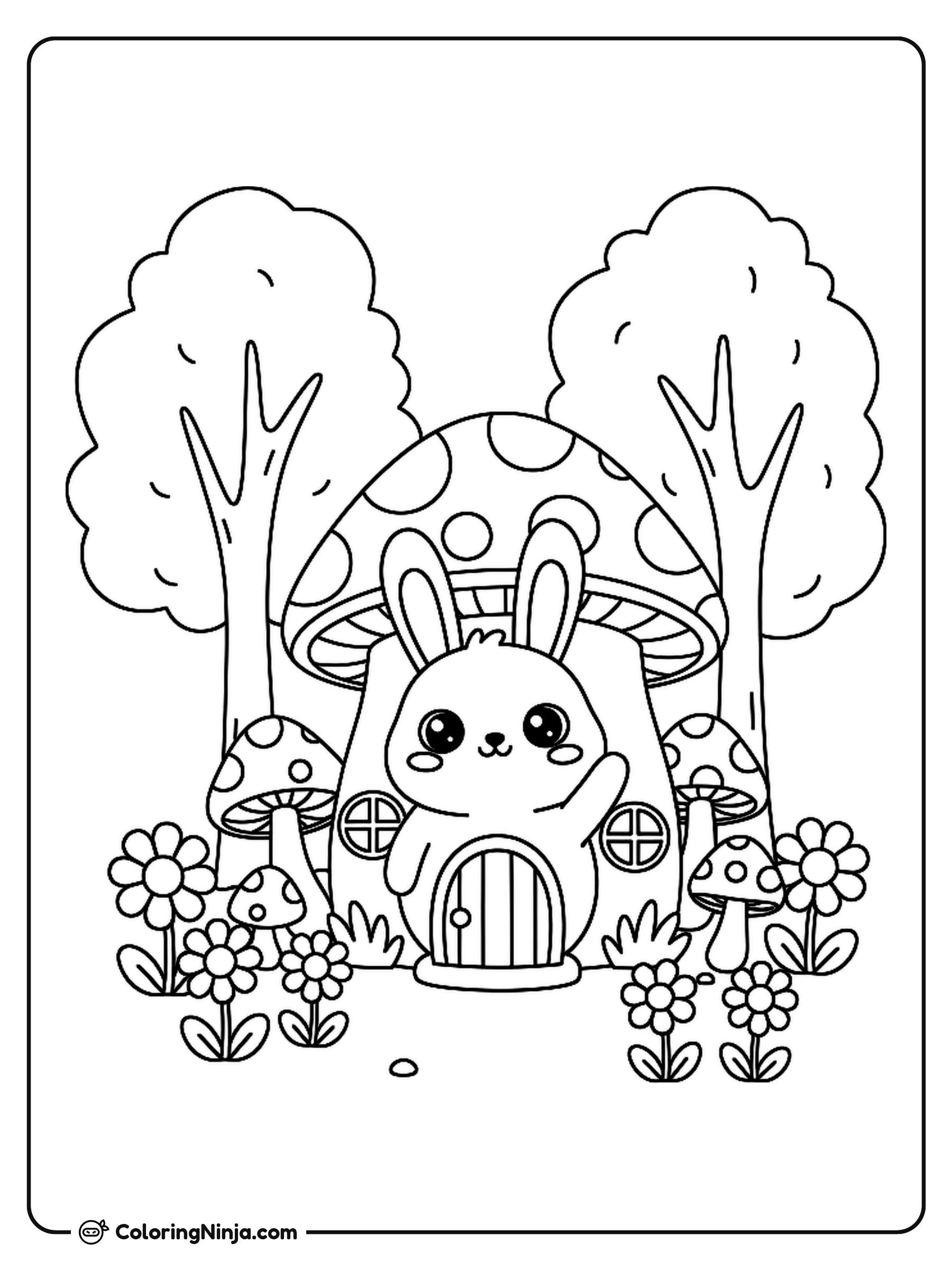 A Cute Bunny in a Tiny Cottage Coloring Page