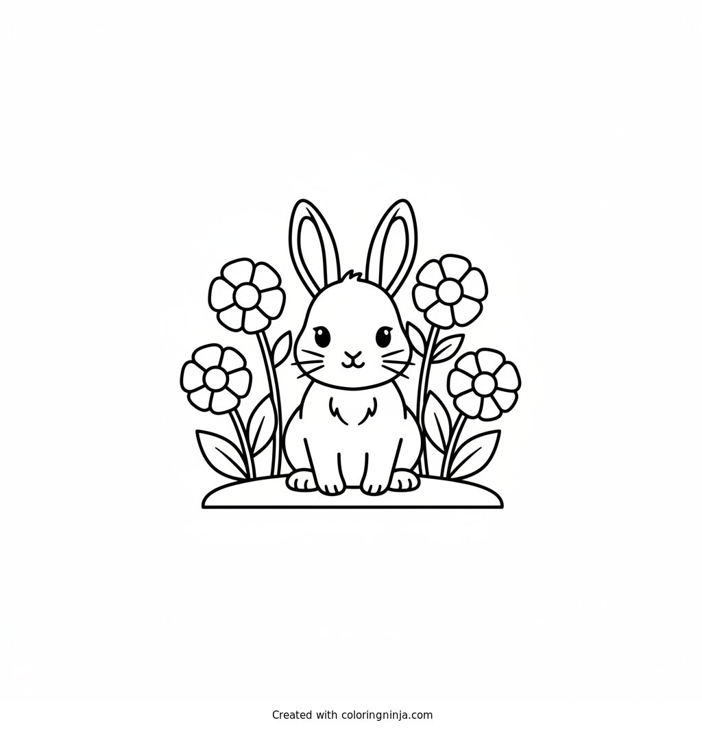 Cute Bunny In A Flower Garden Coloring Page