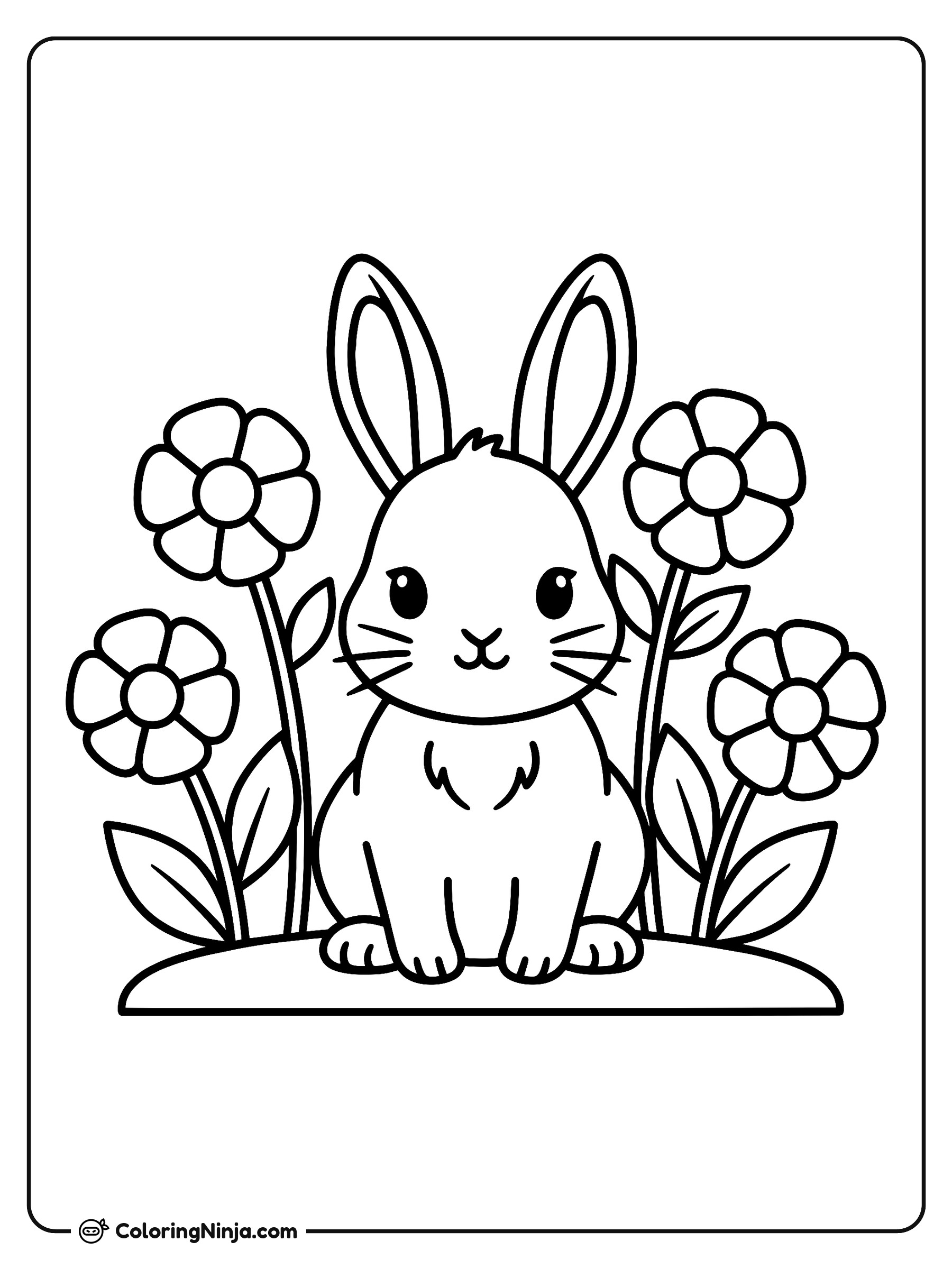 Lindo conejo en un jardín de flores: dibujo para colorear