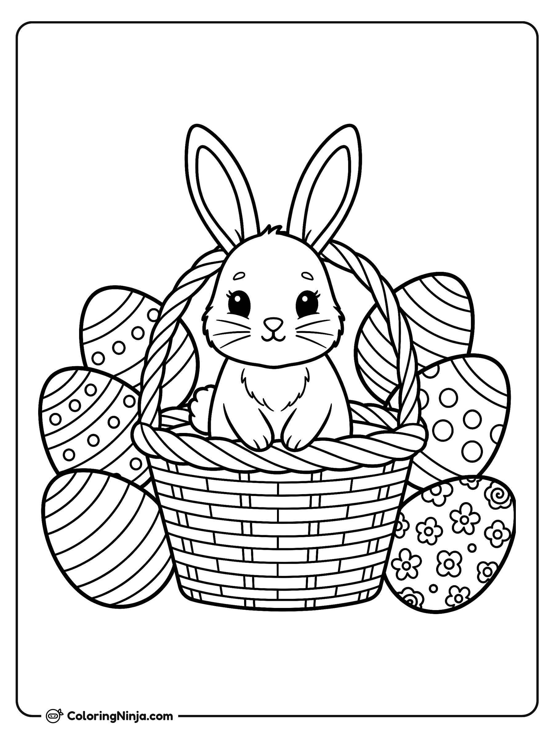 Conejito tierno en una canasta: dibujo para colorear