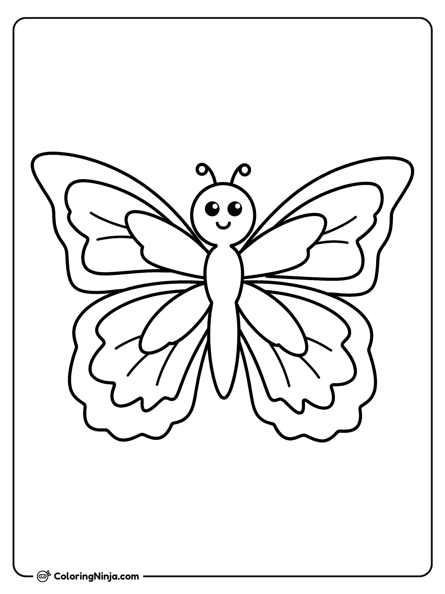Mariposa tierna y sonriente, dibujo para colorear: Una mariposa sonriente descansa en el centro con sus grandes alas desplegadas. Sus alas tienen patrones en capas, bordes redondeados y pequeñas antenas curvadas en la cabeza.