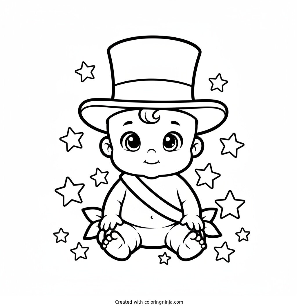 Baby New Year Starry Scene Coloring Page