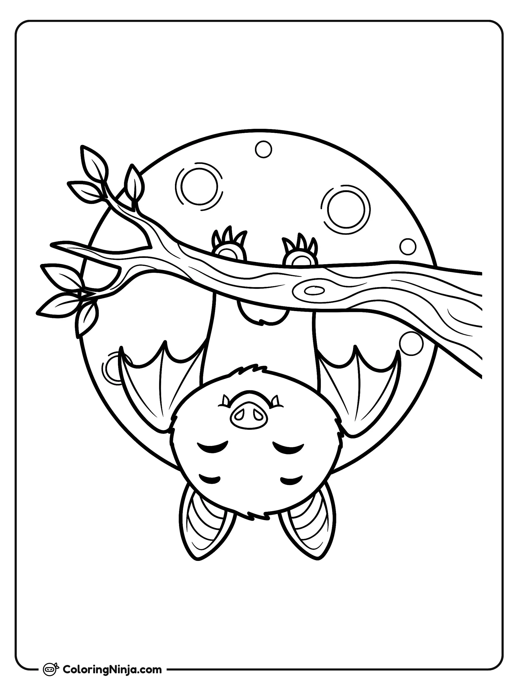 Murciélago en la rama bajo la luna, dibujo para colorear: Un alegre murciélago cuelga boca abajo de la rama de un árbol. Detrás de él, una gran luna llena ilumina la escena nocturna.
