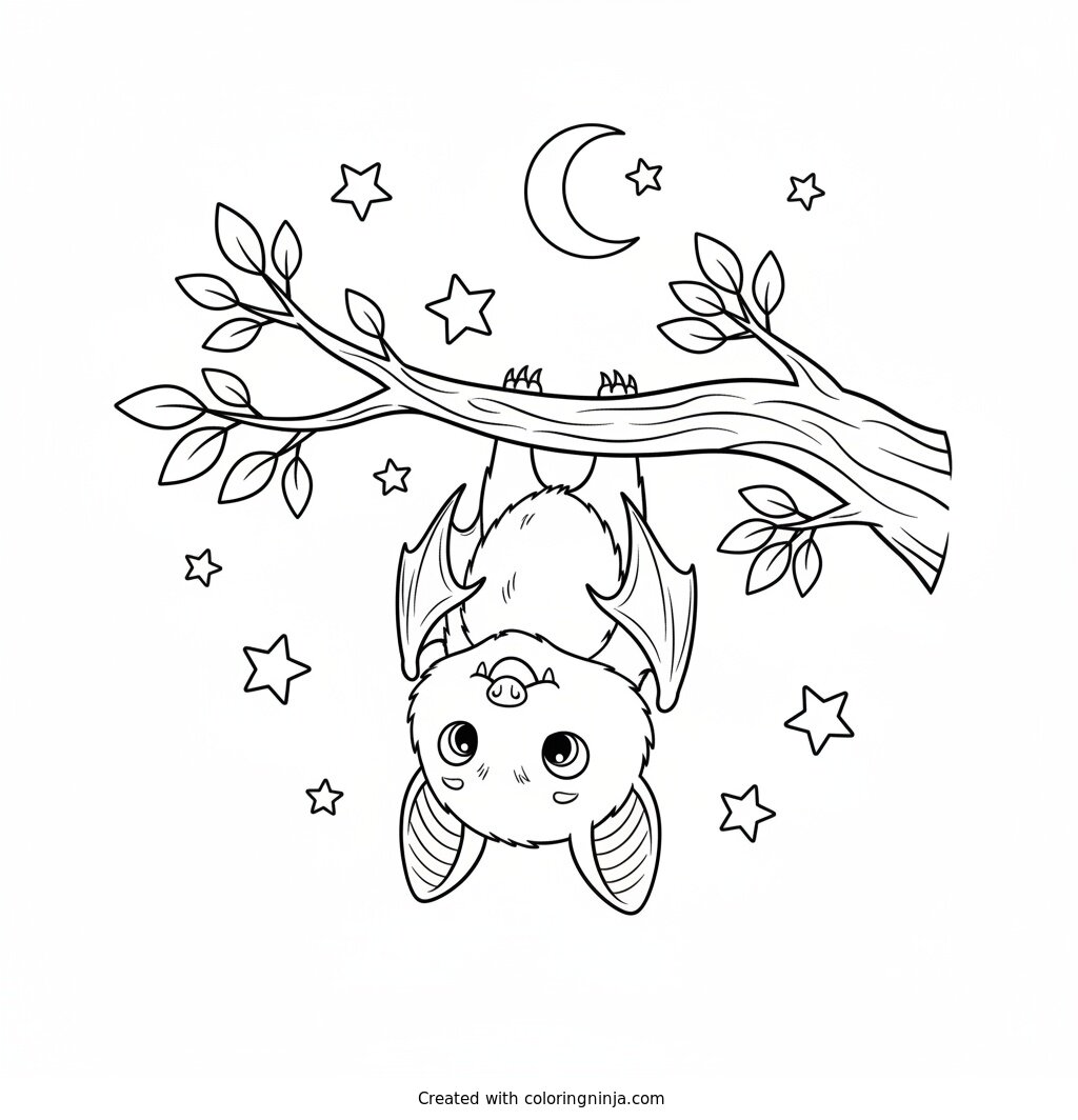 Little Bat Under the Stars Coloring Page