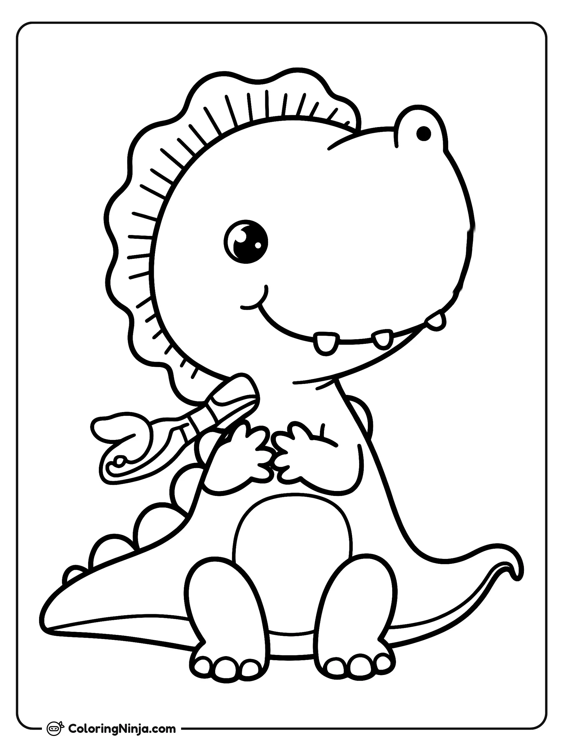 Dinosaurio tierno lavándose los dientes, dibujo para colorear: Un adorable dinosaurio permanece de pie muy feliz mientras sostiene un pequeño cepillo de dientes cerca de su amigable sonrisa.