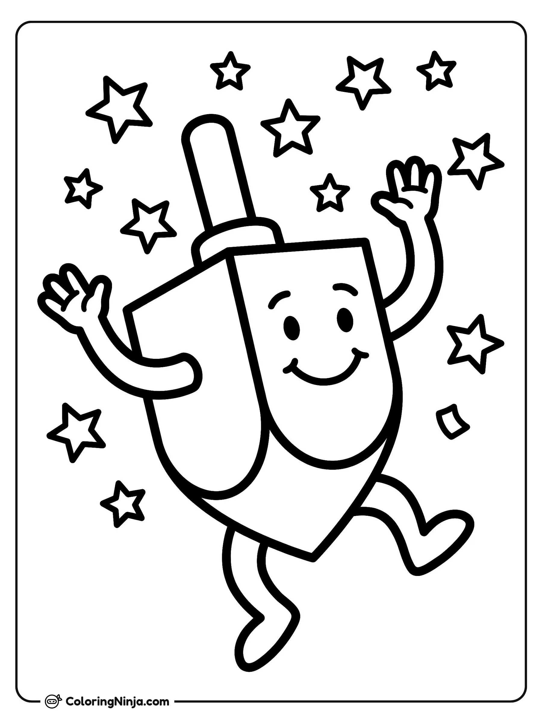 Happy Dancing Dreidel Character Coloring Page: A friendly dreidel with a smiling face, thin arms, and small shoes dances under a shower of star-shaped confetti. Clear lines and fun shapes make it perfect for kids aged 3 to 7.