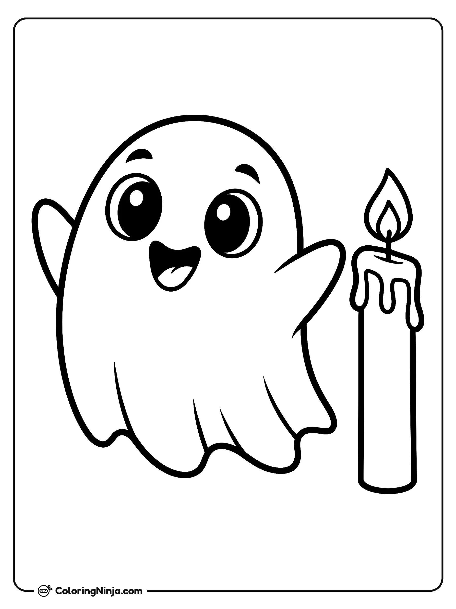 Un fantasma flotante y amigable, dibujo para colorear: Un simpático fantasma flotante levanta las manos alegremente junto a una vela encendida con cera derretida. El personaje sonríe feliz al lado de la pequeña llama brillante.