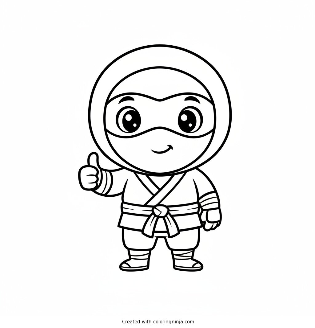 Coloring page of Cute cartoon ninja for kids giving a thumbs up