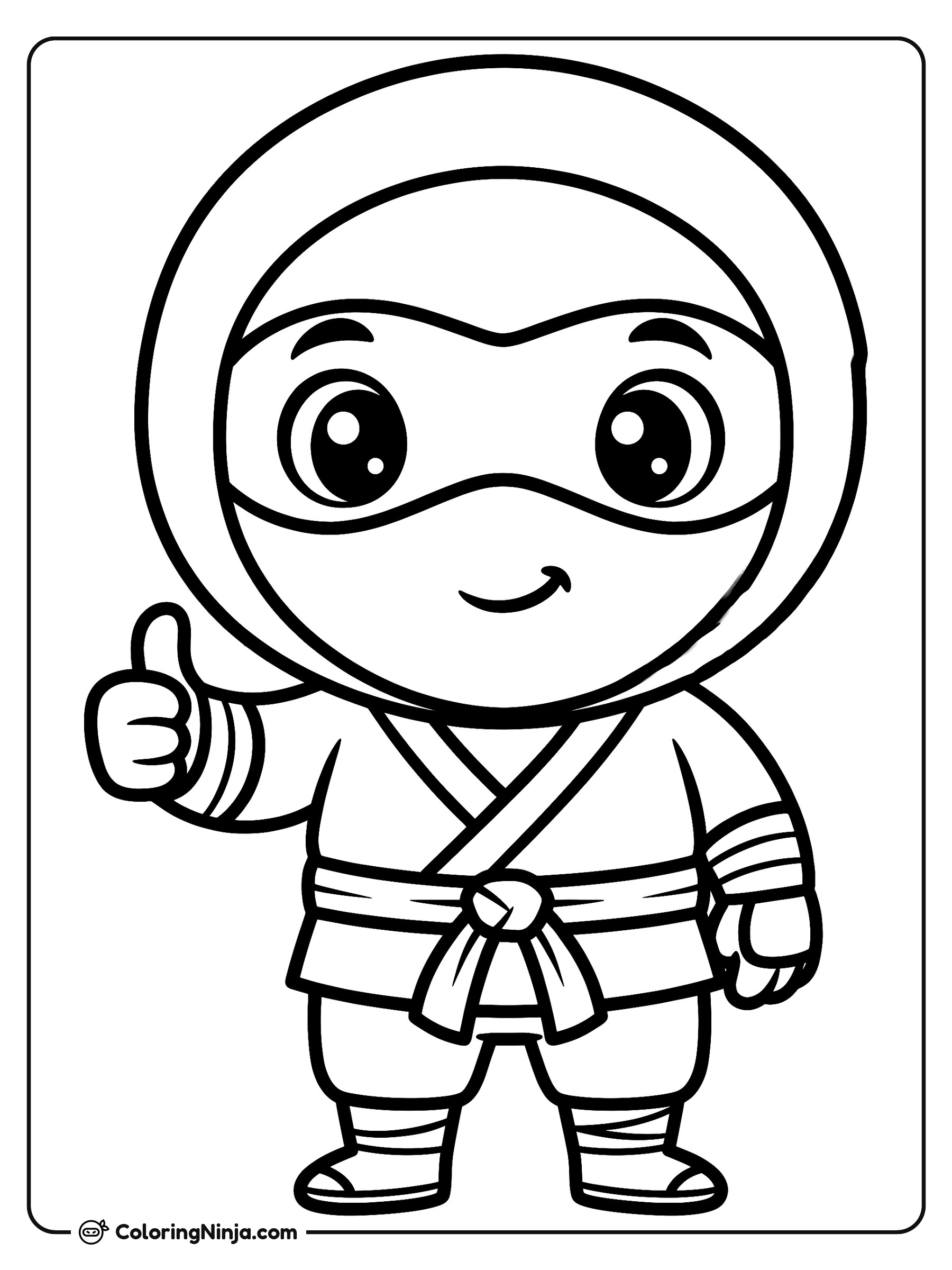 Lindo ninja infantil haciendo un gesto positivo: dibujo para colorear