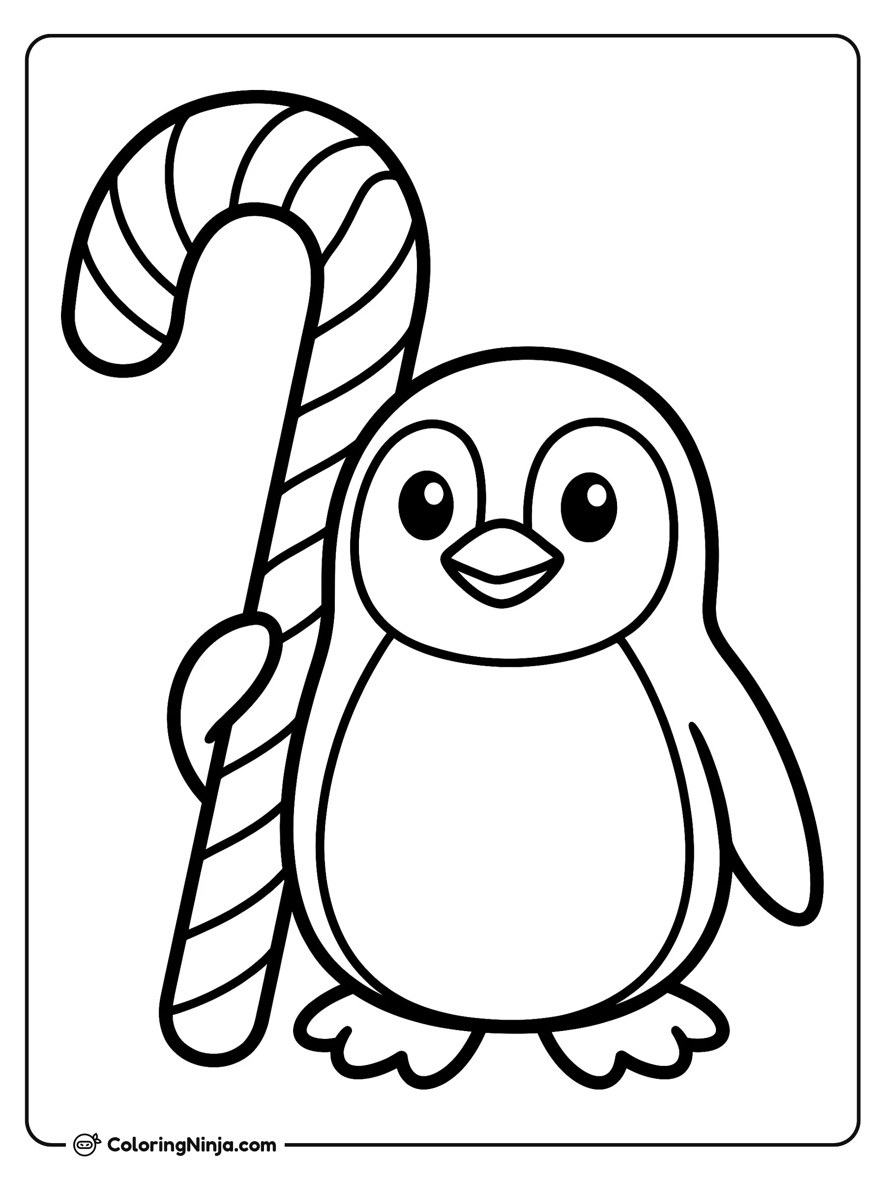 Little Penguin Giant Cane Coloring Page: A small, round penguin wearing a winter scarf stands beside a huge striped candy cane. The candy cane arches high above the penguin.