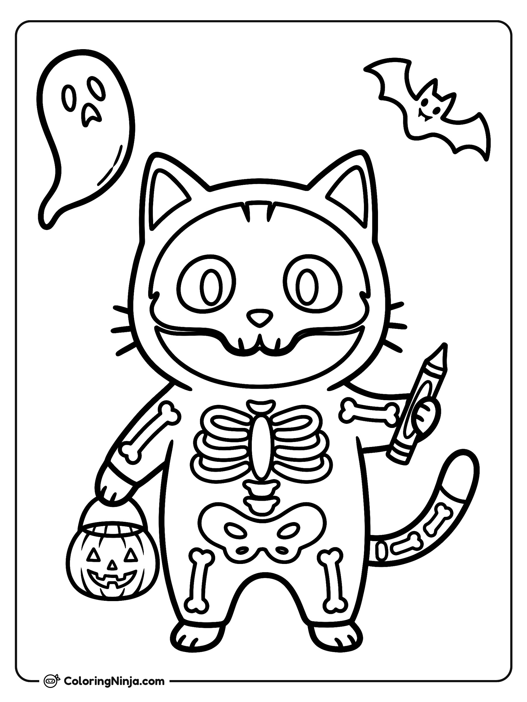 Gato tierno disfrazado de esqueleto: dibujo para colorear