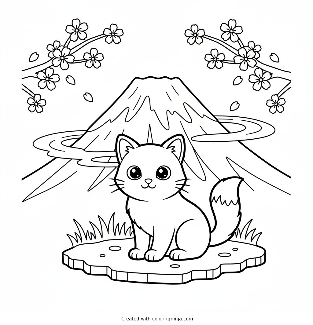 A Cute Cat Near Mount Fuji Coloring Page