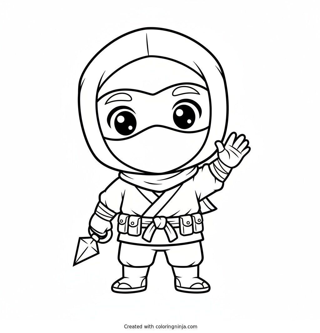 Coloring page of Cute chibi ninja waving hello