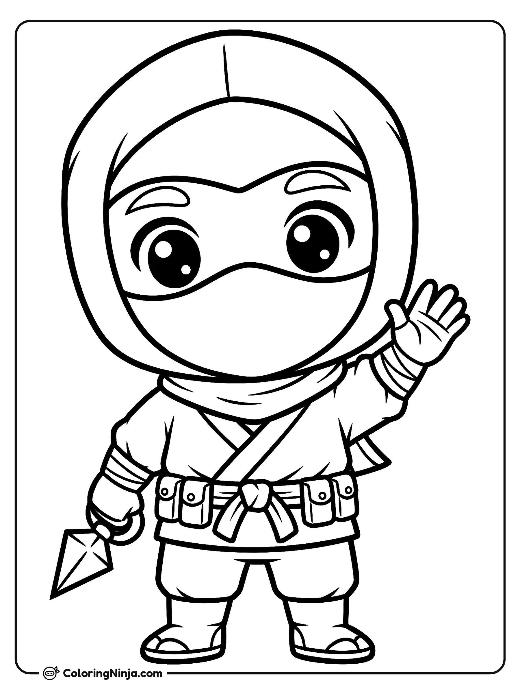 Lindo ninja chibi saludando, dibujo para colorear: Un tierno ninja chibi viste su traje completo con capucha, máscara y cinturón de utilidades mientras saluda alegremente.